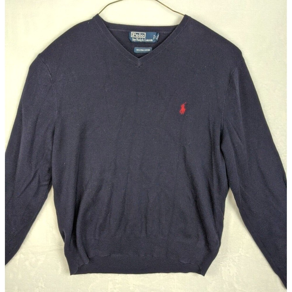Polo Ralph Lauren Sweater Mens L Navy Blue Pima Cotton V-Neck Pullover